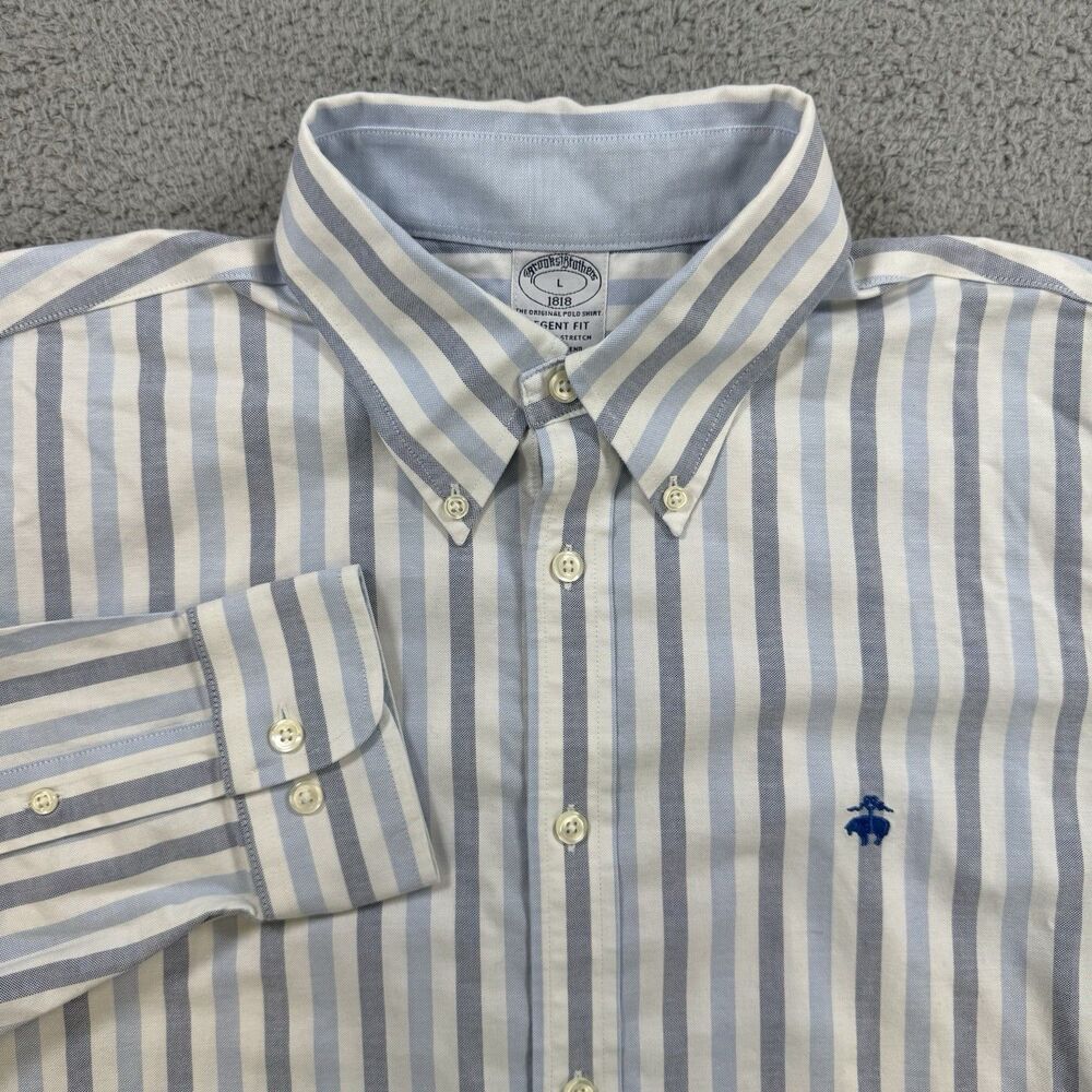 S Brooks Brothers Shirt Mens L Blue Striped Long Sleeve Button Down Regent Casua